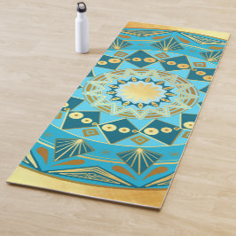 Tapete de Yoga com Mandala Preta em Fundo de Ouro