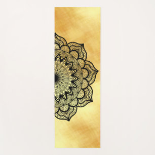 Tapete de Yoga com Mandala Preta em Fundo Dourado 