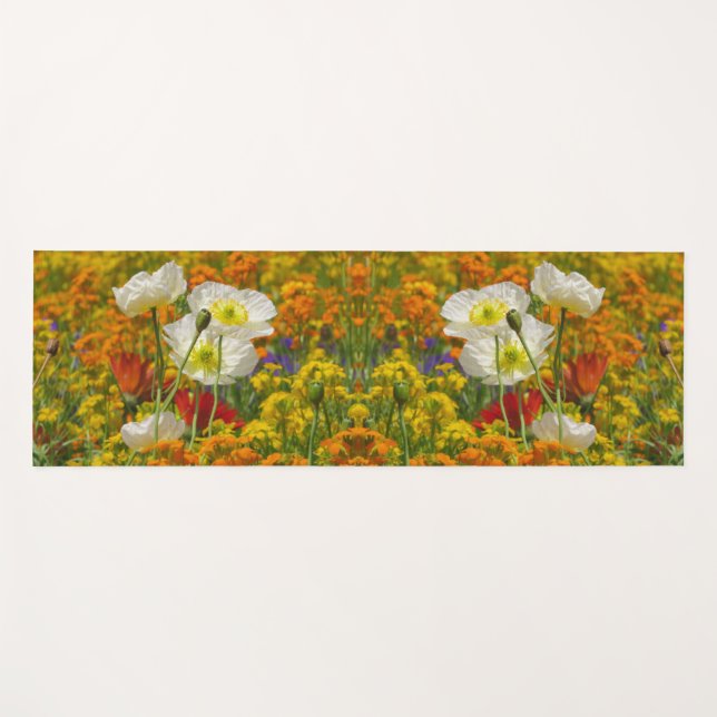 Tapete De Yoga Copiáceos brancos crescendo ao redor das flores co (Frente (Horizontal))