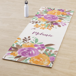 Tapete De Yoga Cor de água floral cor de laranja roxa moderna