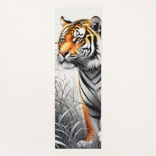 Tapete De Yoga Cor de Arte Tigre Desenho Branco Parcial Preto