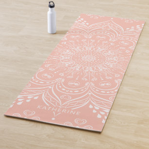 Tapete De Yoga Coral Rosa Bonito Mandala Personalizado Boho