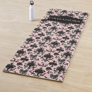 Tapete De Yoga Cores Rosa e Preto - Caveiras Góticas e Rosas Pers