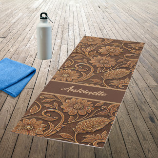 Tapete De Yoga Couro Falso Vintage com Aparência de Trabalho Flor