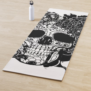 Tapete De Yoga Crânio de açúcar com flores em preto e branco