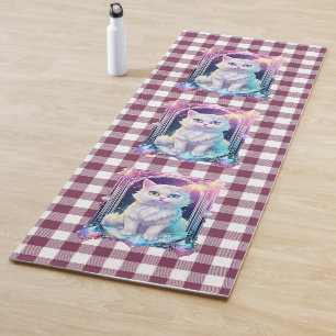 Tapete De Yoga Cristal Gatinho Branco de Xadrez Preta e Roxo