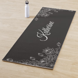 Tapete De Yoga Custom Name Charcoal Grey Lotus Floral