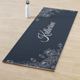 Tapete De Yoga Custom Name Midnight Navy Lotus Floral