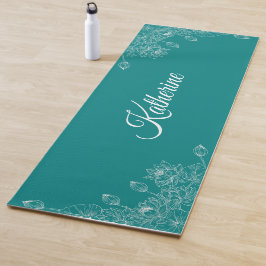 Tapete De Yoga Custom Name Teal Lotus Floral