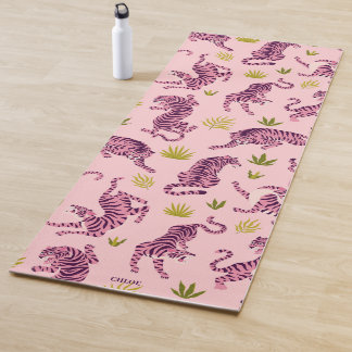 Tapete De Yoga Cute Pink Tigers Tropical Leaves Abstract Animal