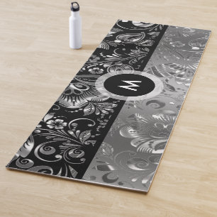 Tapete De Yoga Damasco de Prata e Vintage Preto