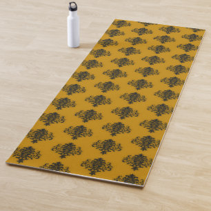 Tapete De Yoga Damasco preto no padrão amarelo da mostarda