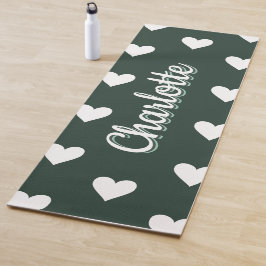 Tapete De Yoga Dark Sage Green Hearts Personalized Name