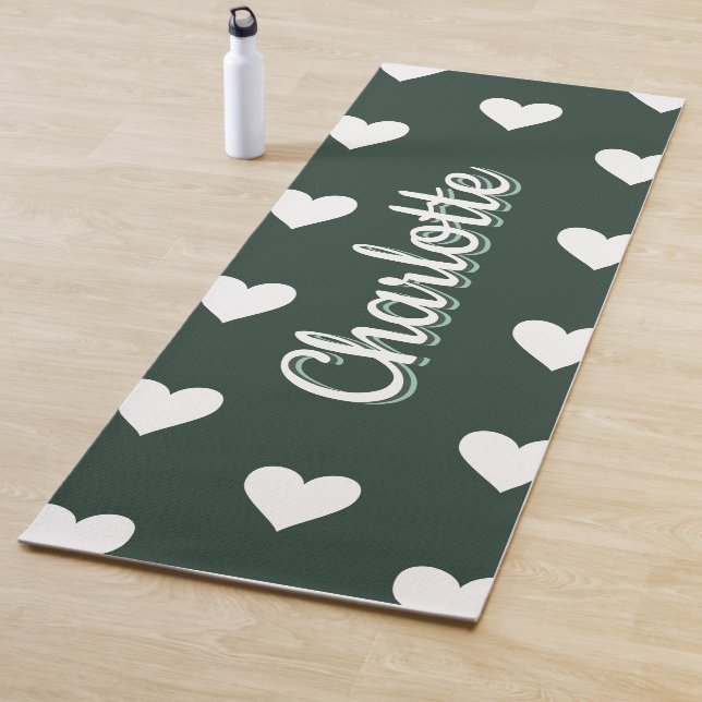 Tapete De Yoga Dark Sage Green Hearts Personalized Name (In Situ)