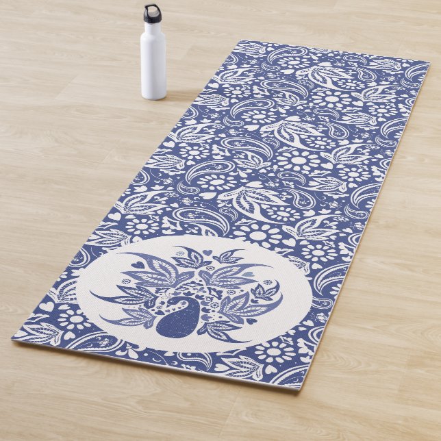 Tapete De Yoga Decoração Pavão Branco Azul-Boêmia (In Situ)