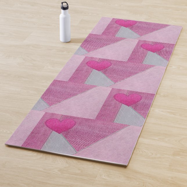 Tapete De Yoga Denim Rosa e Patchwork Cinza com Coração (In Situ)