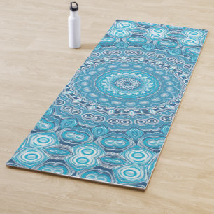 Tapete De Yoga Desenho de Padrão Mandala Azul e Branco
