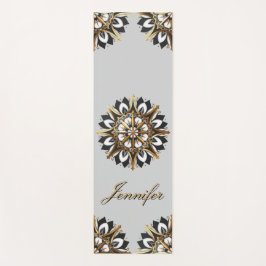 Tapete De Yoga Design Geométrico Preto-Dourado e Branco