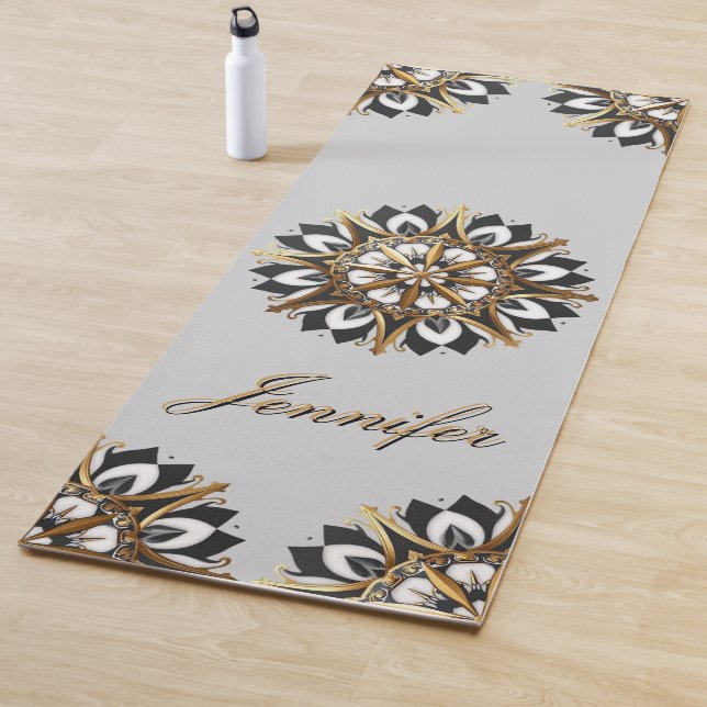 Tapete De Yoga Design Geométrico Preto-Dourado e Branco (In Situ)