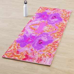 Tapete De Yoga Dois Hibiscus Louco Roxo e Rosa Quente em Vermelho
