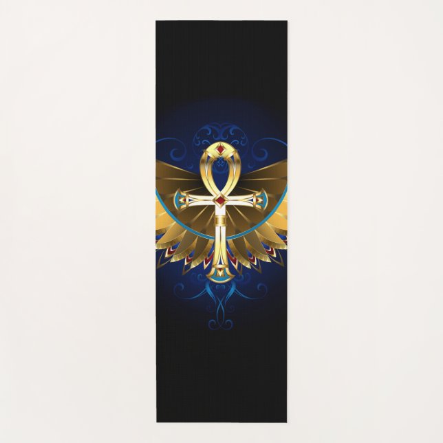 Tapete De Yoga Dourada Ankh com Asas (Frente)