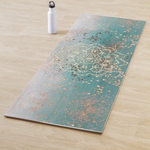 Tapete De Yoga Dourada Glittery Stars com Mandala em Teal