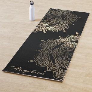 Tapete De Yoga Dourado Preto Mandala Belo Costume Escuro