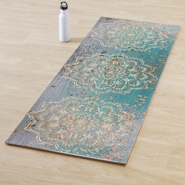 Tapete De Yoga Dourado Shimmery Triple Mandala em Teal  (In Situ)