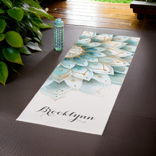 Tapete De Yoga Dourado Teal Floral Mandala Personalizado
