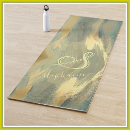 Tapete De Yoga Dourado Verde Moderno Traços Monograma de 3 Cores