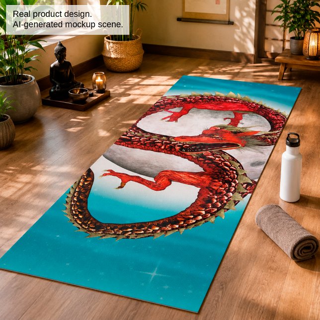 Tapete De Yoga Dragão Lua Vermelha Arte de Fantasia Celestial (Criador carregado)