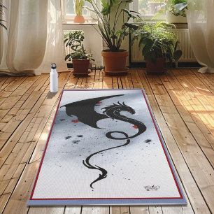 Tapete De Yoga Dragão Tribal Preto Ousado com Flores Vermelhas e
