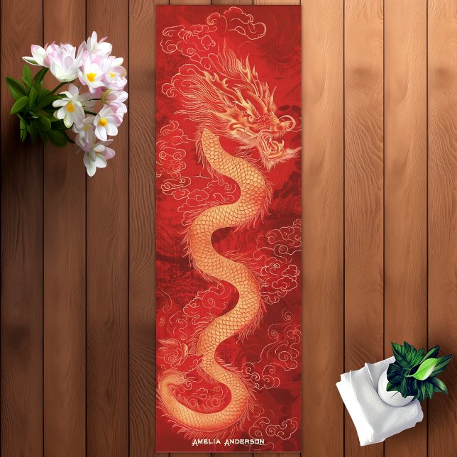 Tapete De Yoga Dragão Vermelho e Dourado (Red & Gold Dragon Yoga Mat)