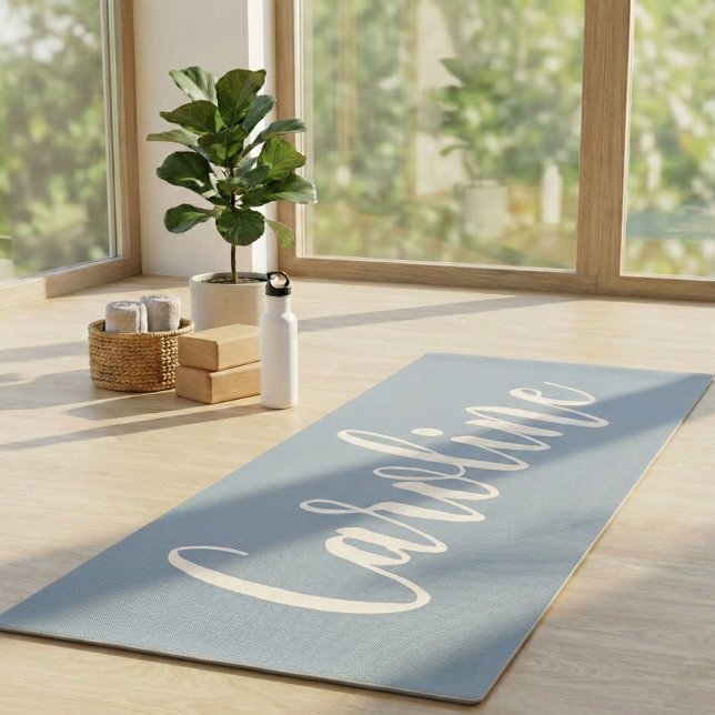 Tapete De Yoga Dusty Blue Minimalist Calligraphy Personalized (Criador carregado)