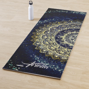Tapete De Yoga Elegante Blue e Dourado Mandala Abstrato Art Yoga