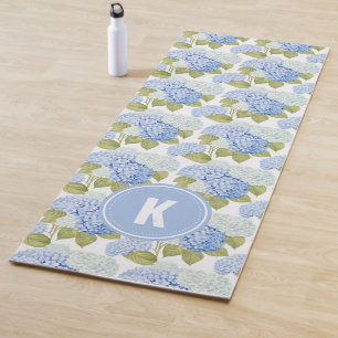 Tapete De Yoga Elegante Blue Hydragea Flowers Monograma de Padrão
