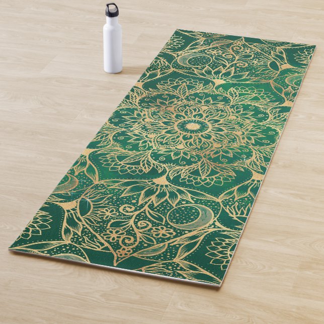 Tapete De Yoga Elegante Dourado Floral Mandala Green Design (In Situ)
