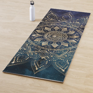 Tapete De Yoga Elegante Dourado Mandala Blue Galaxy Design