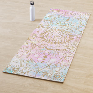 Tapete De Yoga Elegante Dourado Mandala e Design Holográfico Glit