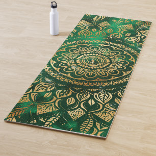 Tapete De Yoga Elegante Dourado Mandala Floral Verde 