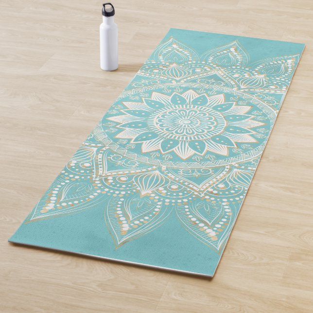 Tapete De Yoga Elegante Dourado Mandala Sky Blue Design (In Situ)