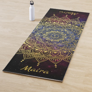 Tapete De Yoga Elegante Dourado na Nebulosa Escura Floral Henna M