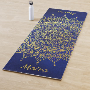 Tapete De Yoga Elegante Dourado no Floral Azul Profundo Henna Man