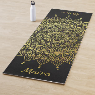 Tapete De Yoga Elegante Dourado no Floral Negro Suave Henna Manda