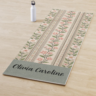 Tapete De Yoga Elegante Floral Rosa Verde - Nome Editável