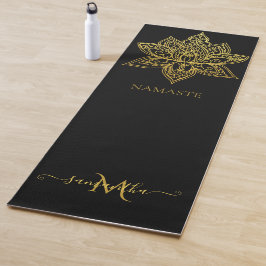 Tapete De Yoga Elegante Lotus Dourado Mandala Monograma Preto