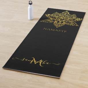 Tapete De Yoga Elegante Lotus Dourado Mandala Monograma Preto