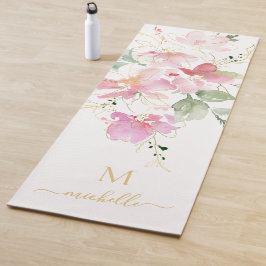Tapete De Yoga Elegante Monograma de Letra Cursiva Dourada com Fl