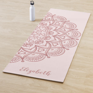 Tapete De Yoga Elegante Monograma Mandala Blush Rosa Rosa Dourada