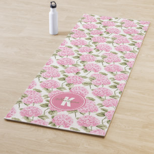 Tapete De Yoga Elegante Padrão de Flores de Hortênsia Rosa com Mo